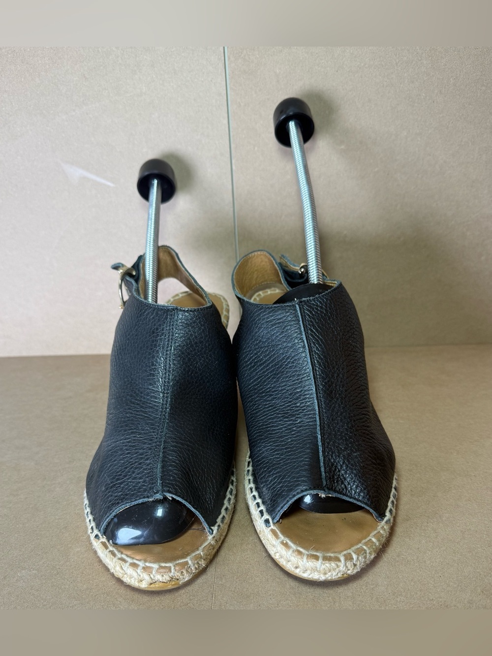Maypol Black Leather Peep Toe Slingback Espadrille Sandals 3" Size US 7.5/8 - Picture 2 of 9